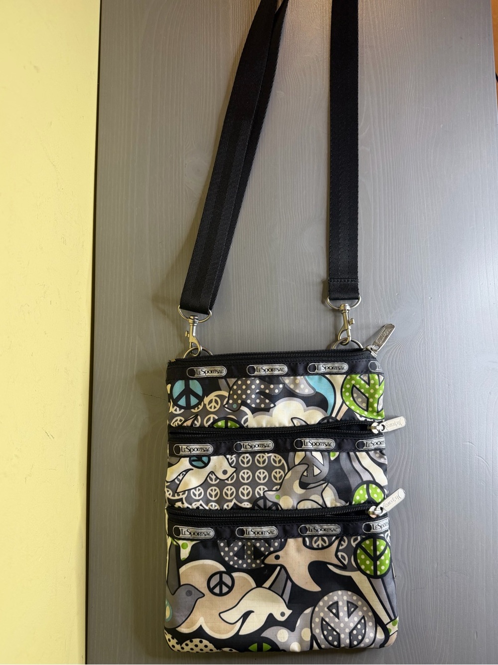 Lesportsac Black 3 zipper Multi Peace Sign & Bird Pattern Crossbody Bag